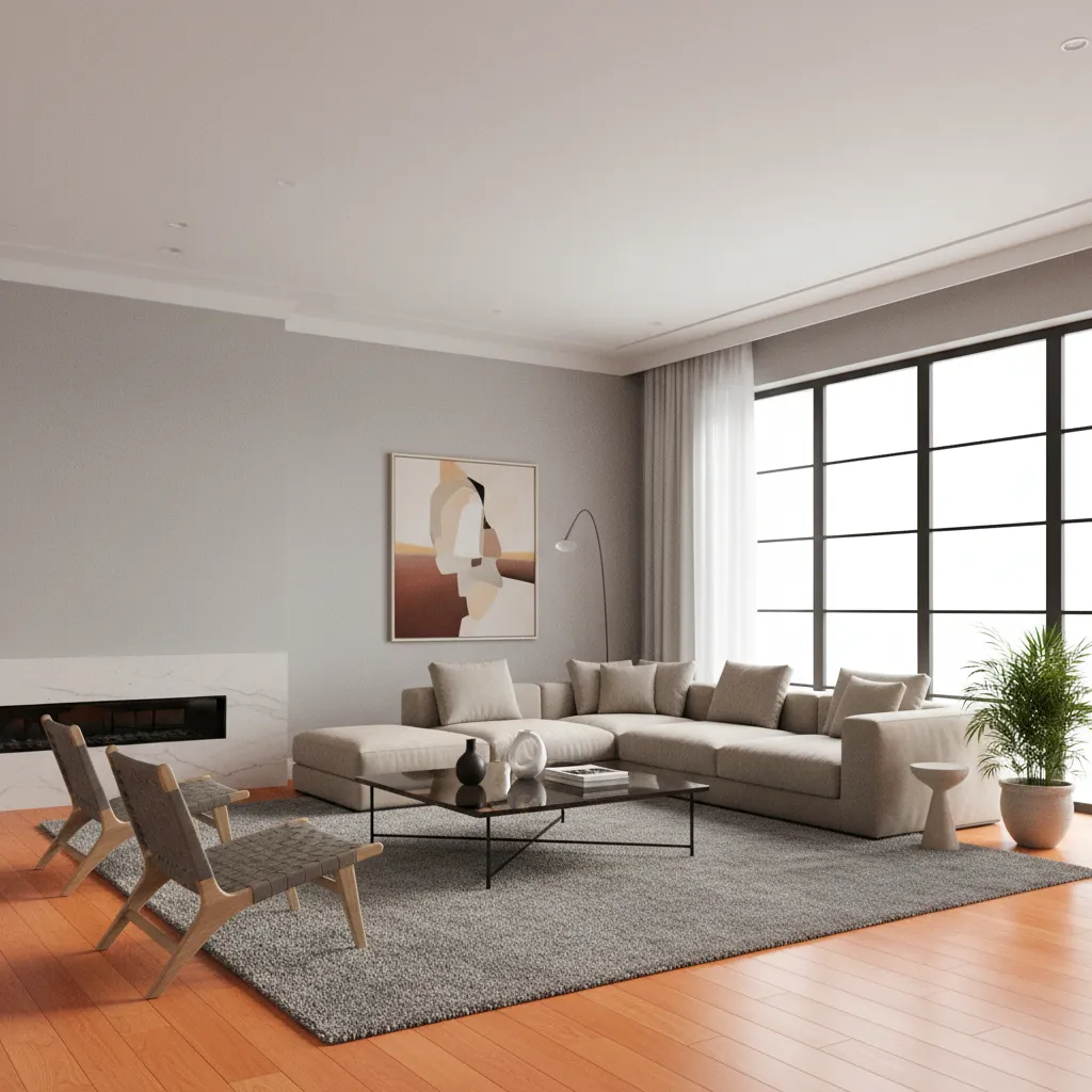 Living room with orange hardwood floors styled with modern neutral furniture