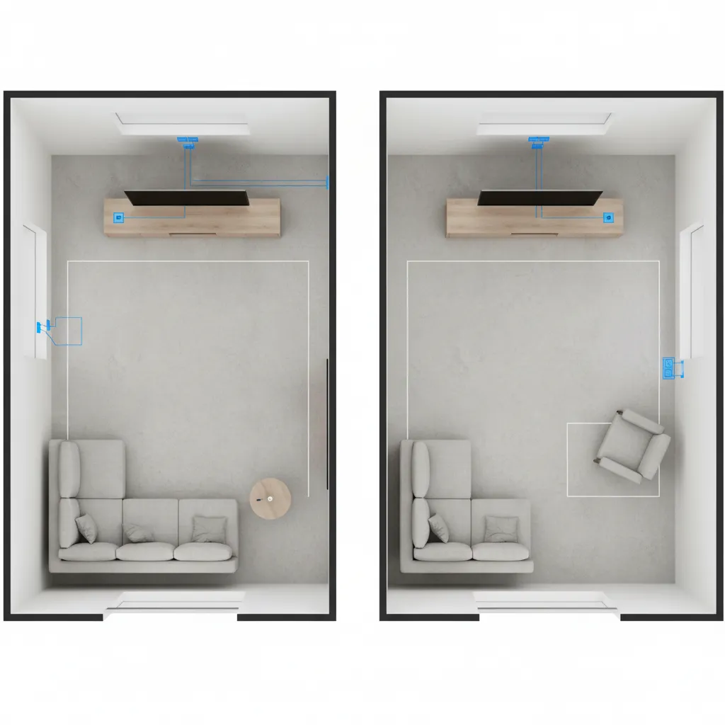 Living room layout showing correct and incorrect electrical outlet placement near furniture