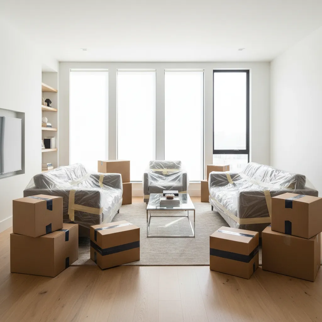 Living room filled with packed moving boxes and furniture ready for relocation