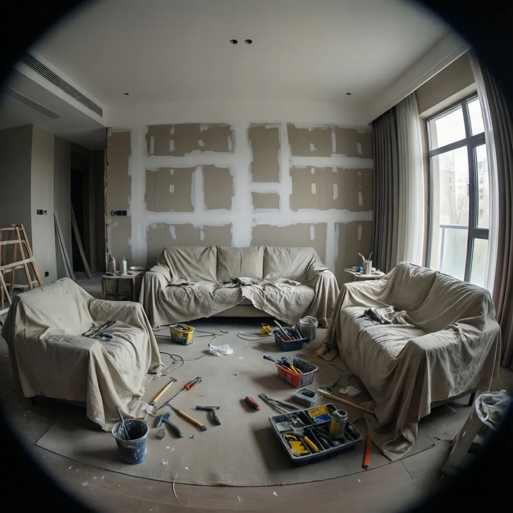 living room with furniture covered and walls being prepared for painting