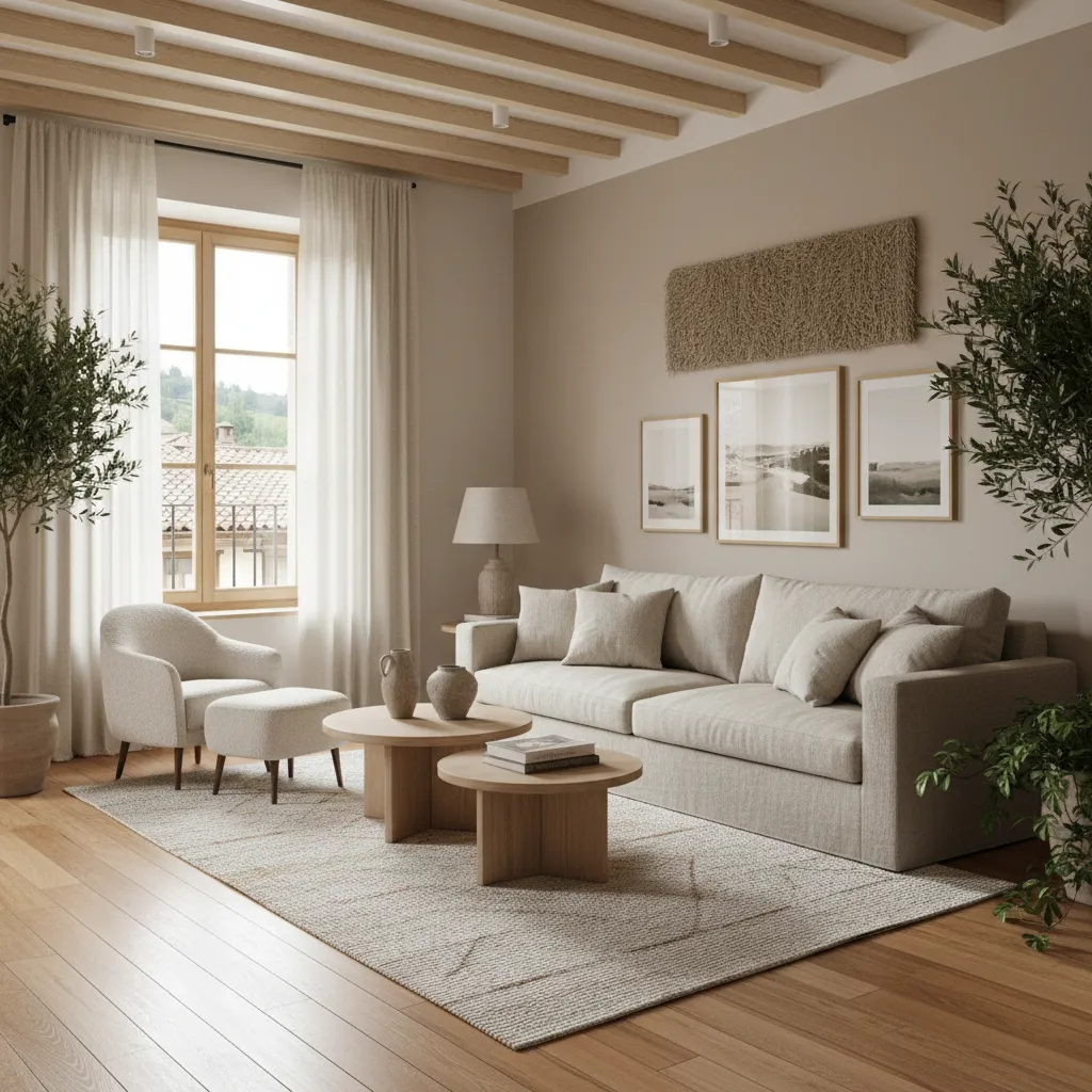 Salón de apartamento en Pamplona con decoración moderna y elementos cálidos
