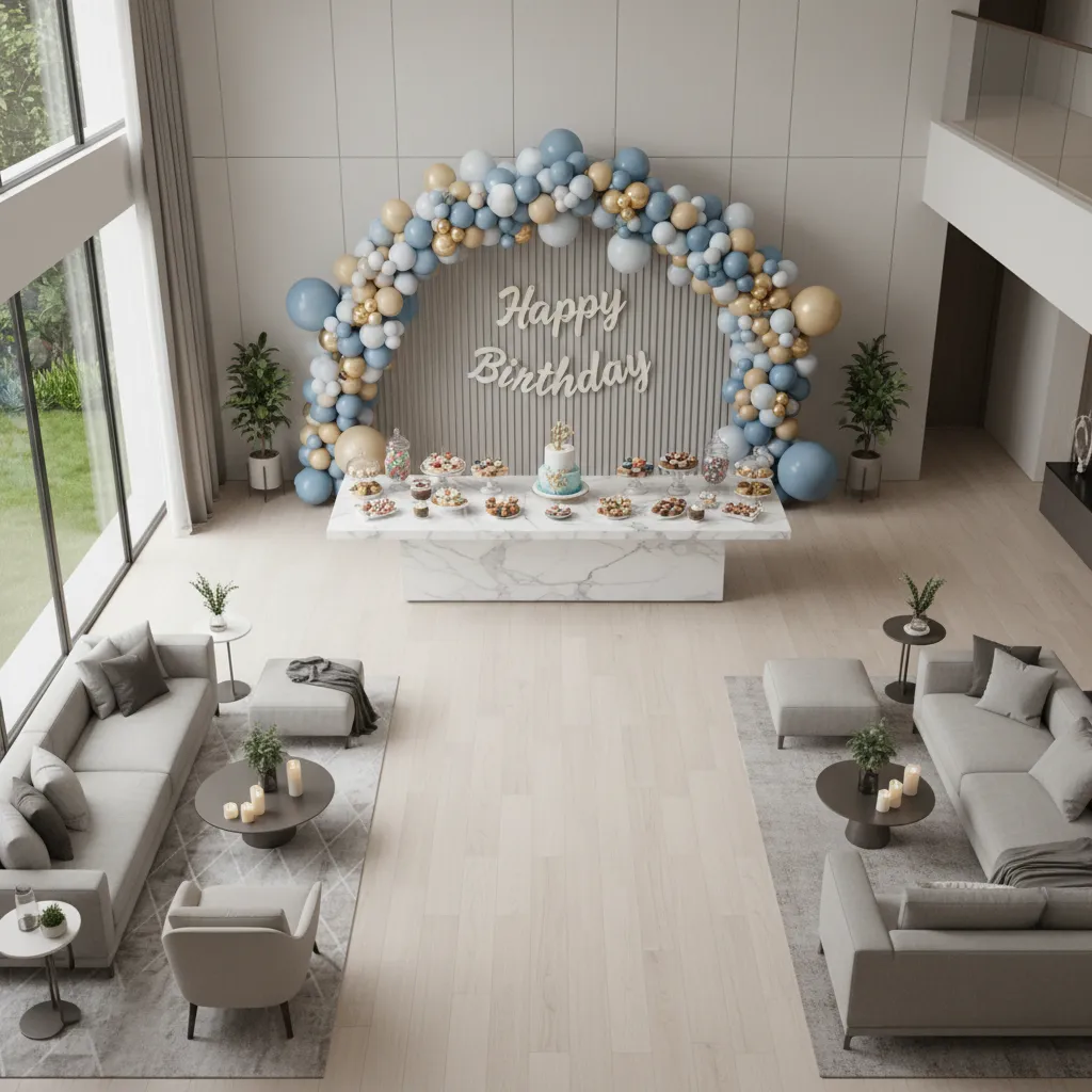 Example layout of a small living room arranged for a birthday party
