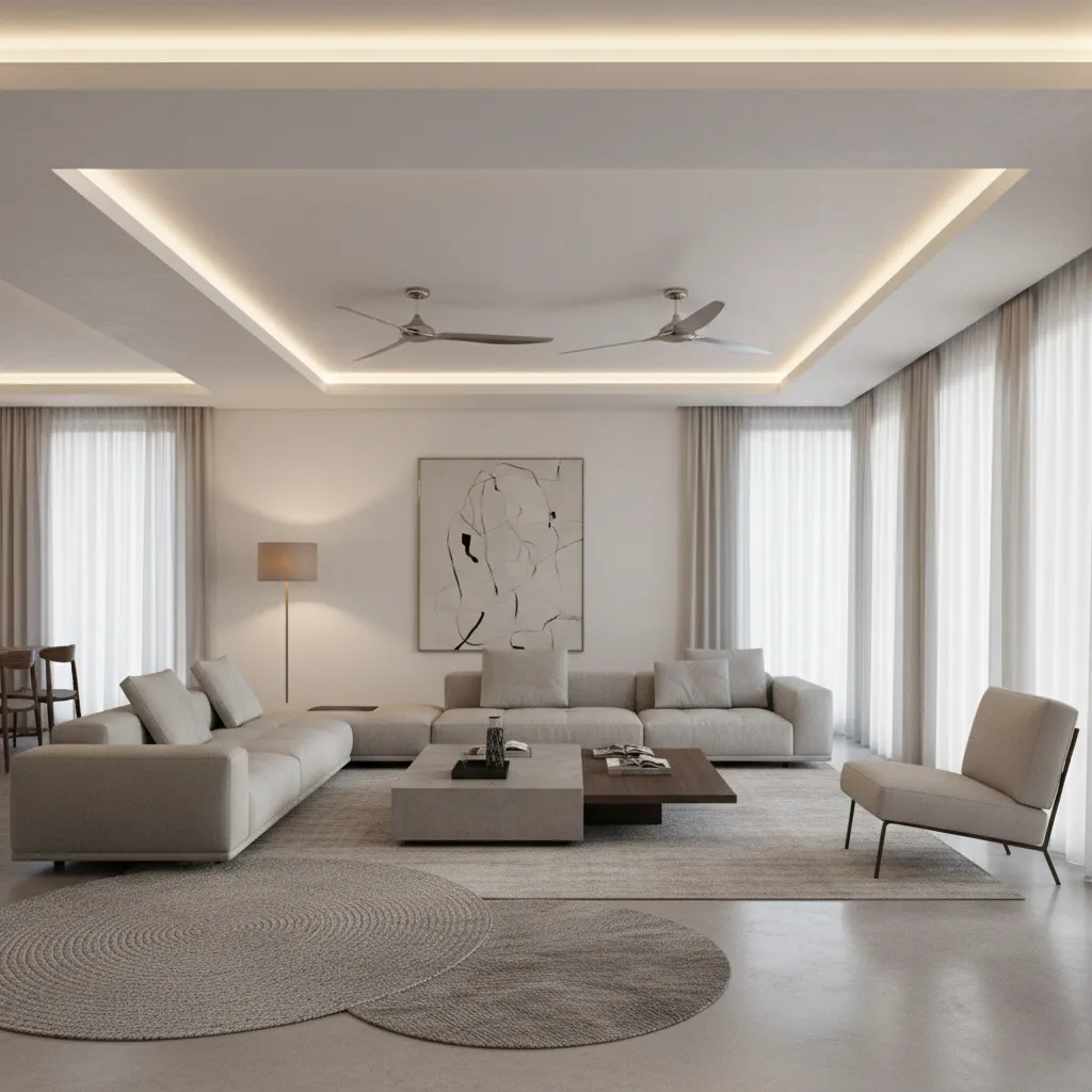 living room perimeter false ceiling lighting with two ceiling fans
