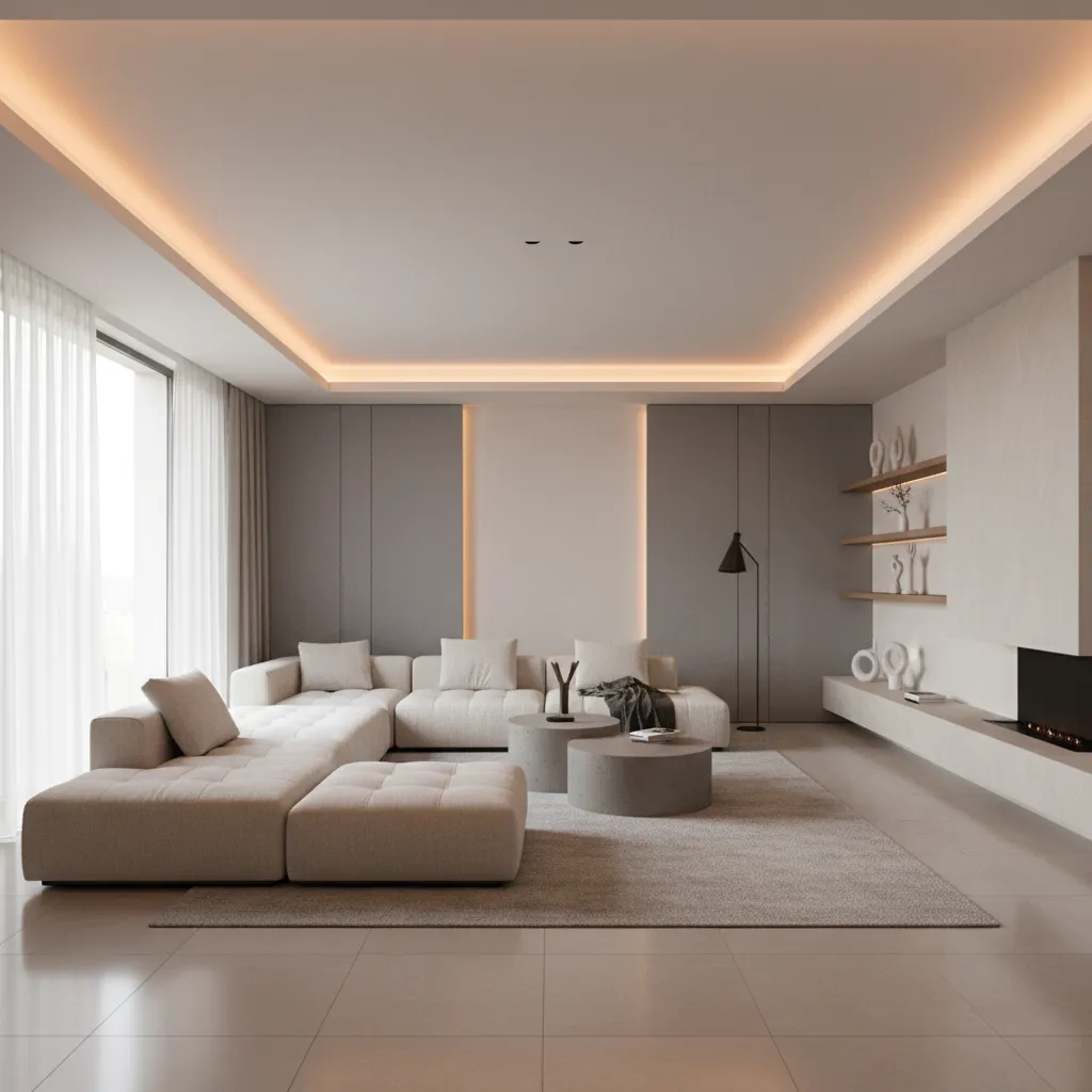 Perimeter LED lighting ceiling design in contemporary living room