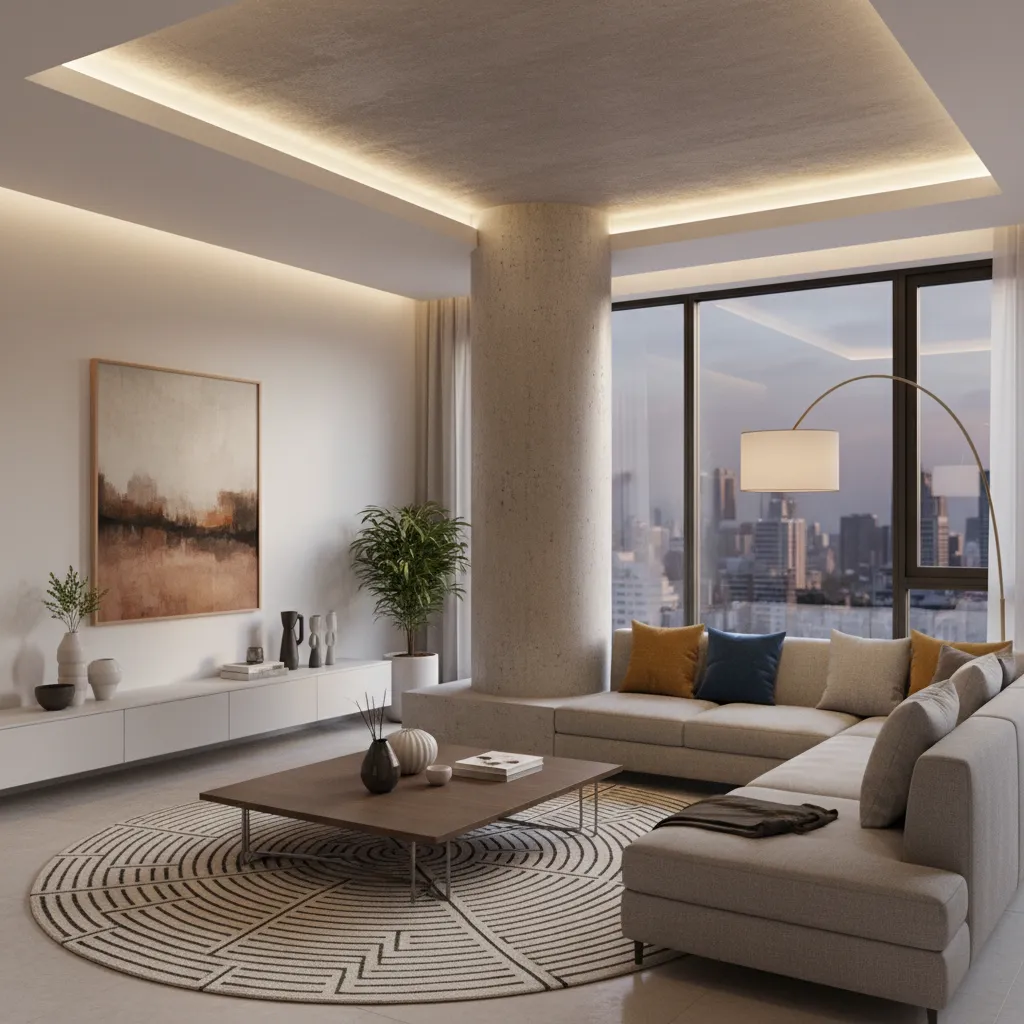 Living room furniture arranged around a structural pillar to maintain circulation space