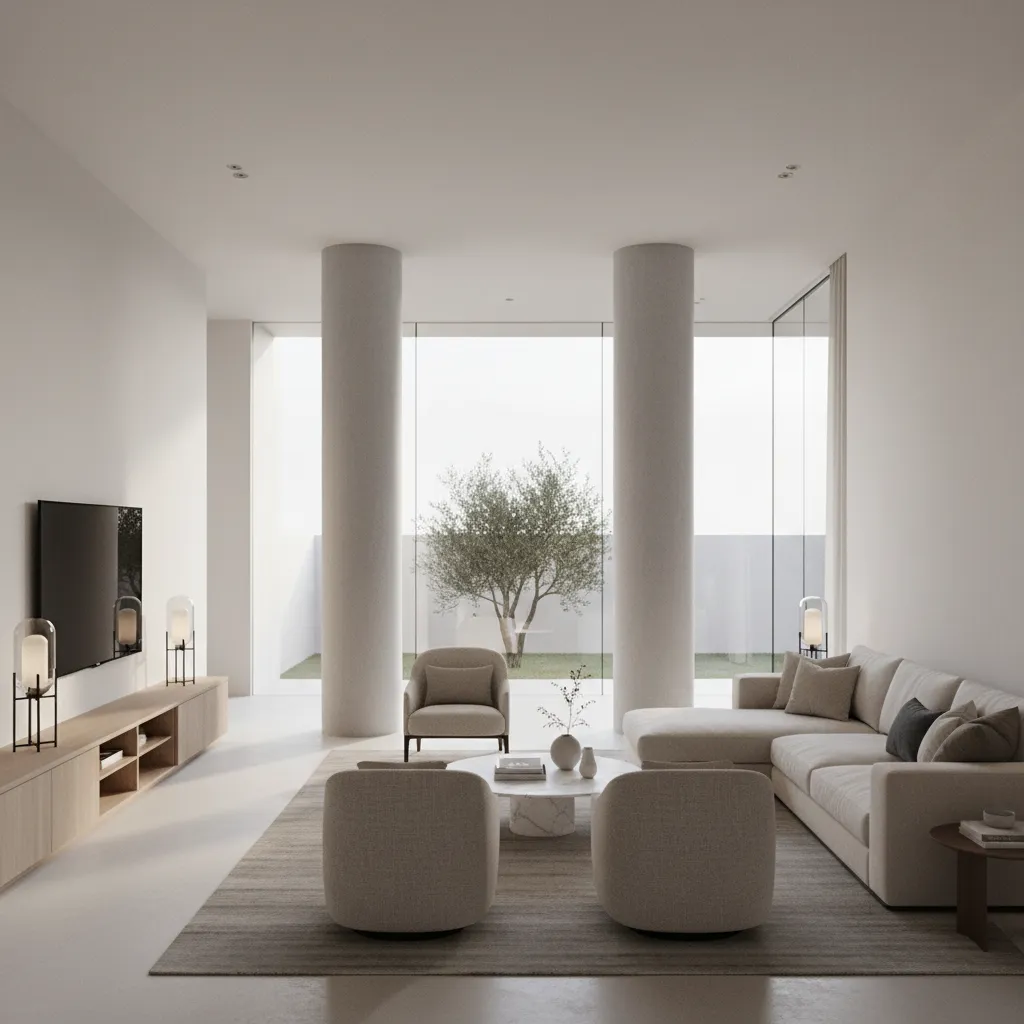 open plan living room with two pillars and clear walkway flow