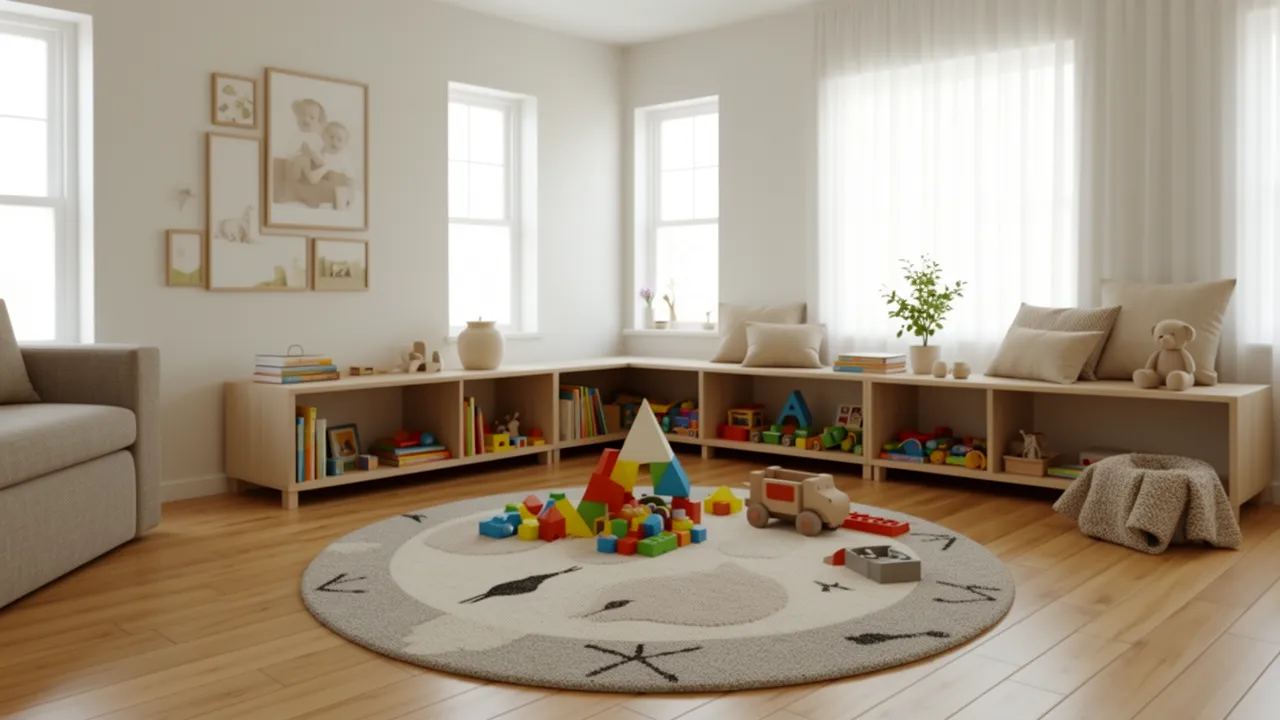 Living room corner transformed into kids play area with rug and toy shelves