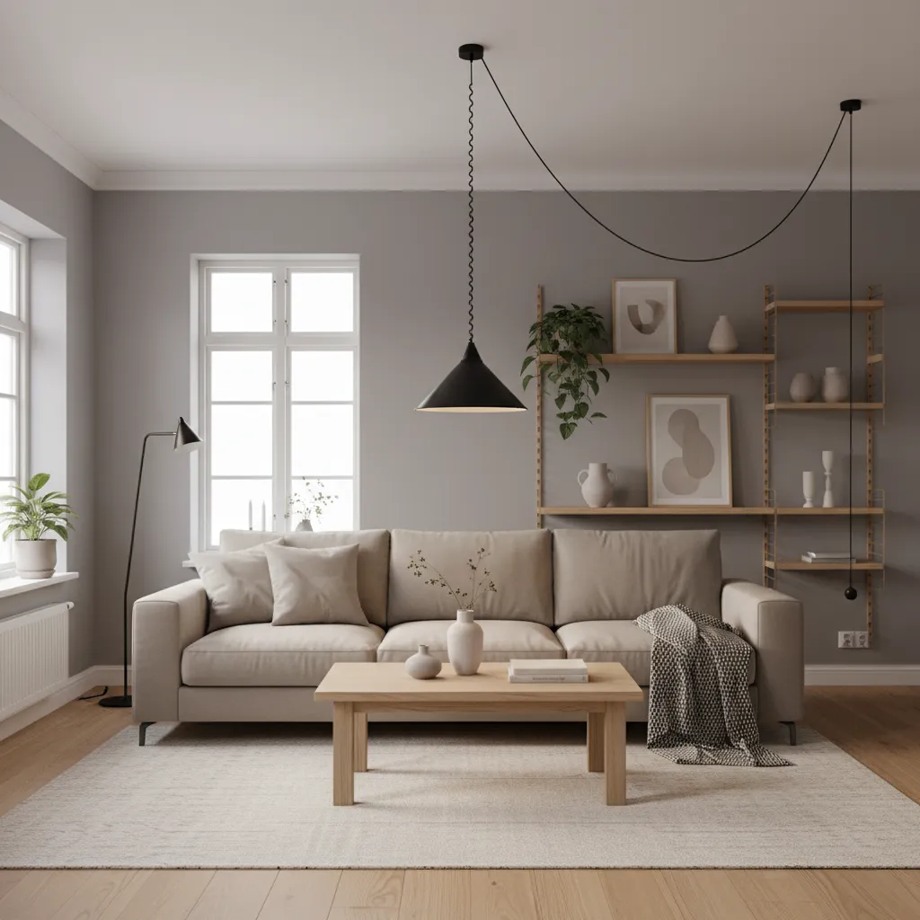 Living room with modern plug-in ceiling pendant light illuminating seating area