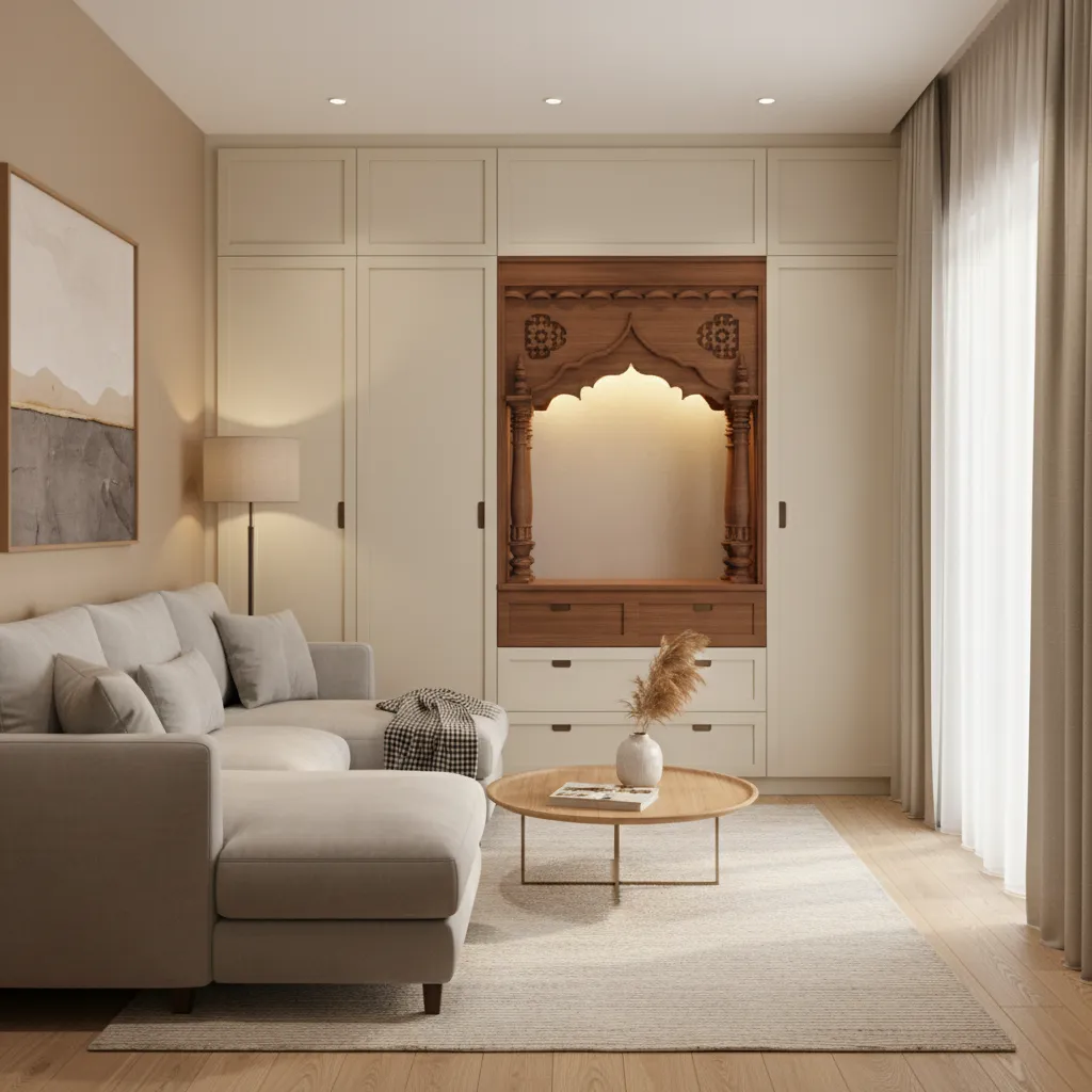 Modern pooja cabinet integrated into a living room wall niche