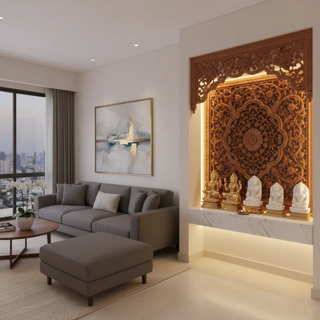 Elegant pooja corner integrated into modern living room