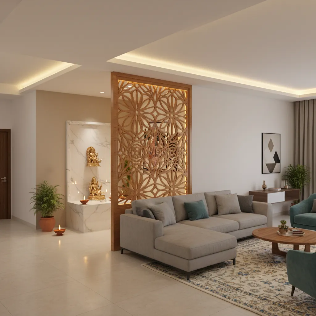living room with wooden jaali partition separating pooja space