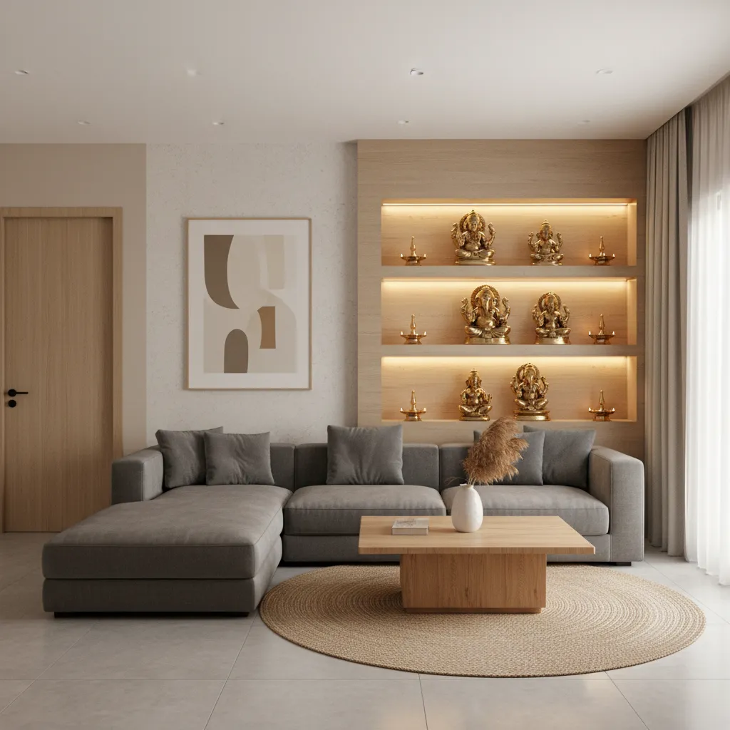 Small pooja unit integrated into modern living room wall niche