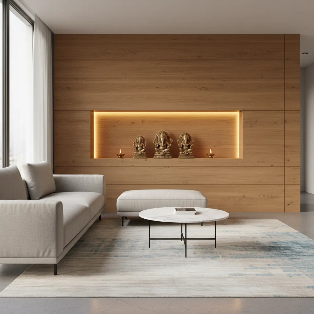 small pooja wall niche in modern living room