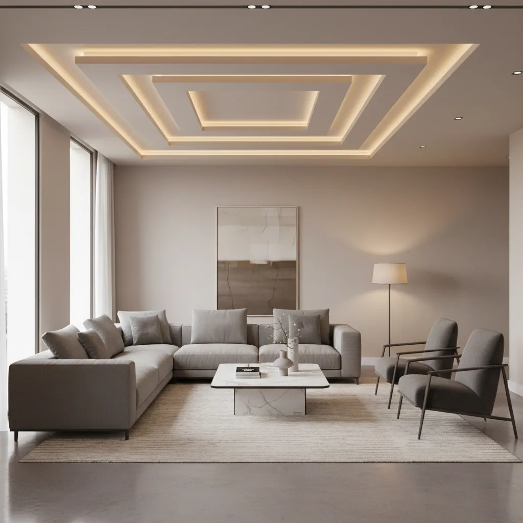 Living room interior featuring layered POP ceiling with indirect LED lighting