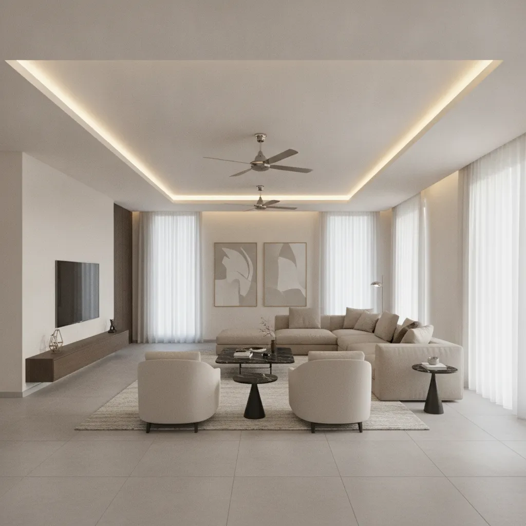 Spacious living room with POP ceiling and two symmetrically placed ceiling fans