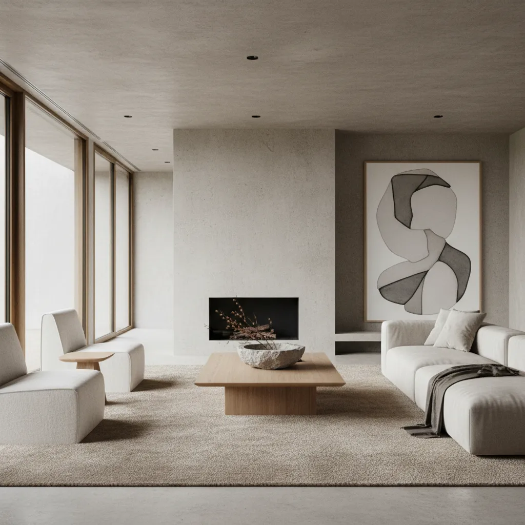 Salón moderno mostrando proporciones equilibradas entre sofá, mesa y decoración