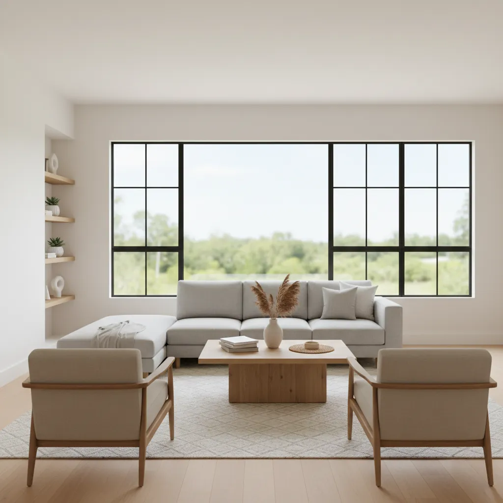 Living room prepared for real estate photography with minimal decor and bright lighting