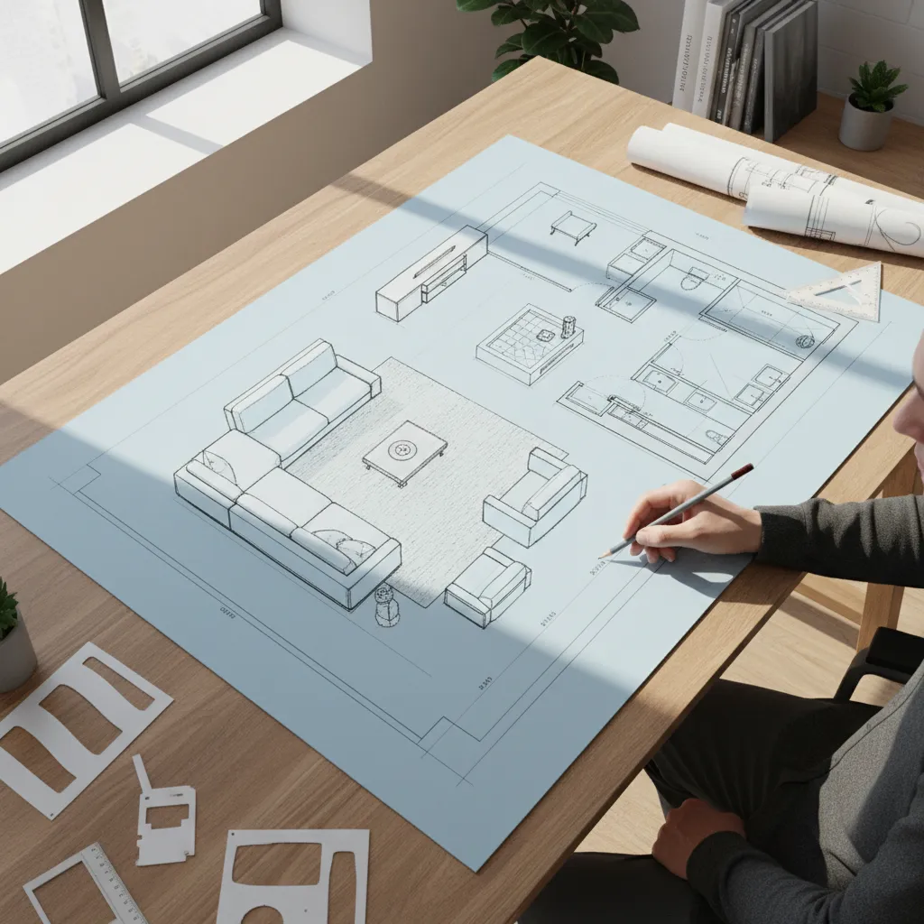 Plano de distribución de salón en proceso de rediseño interior