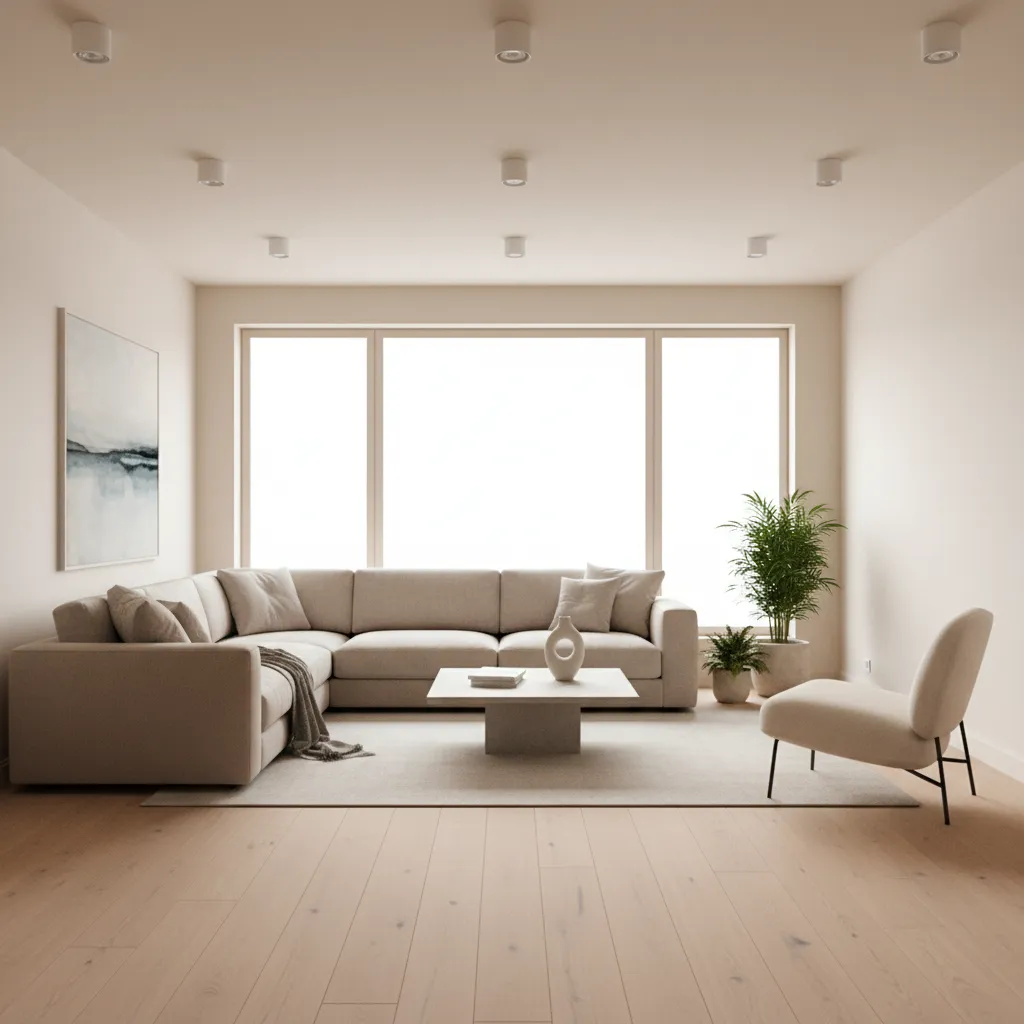 Renovated living room with new flooring lighting and modern furniture