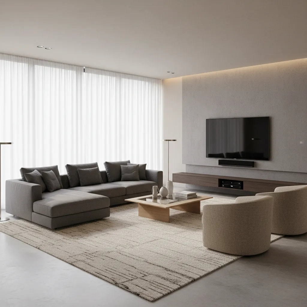 living room rug anchoring sofa chairs and coffee table around TV