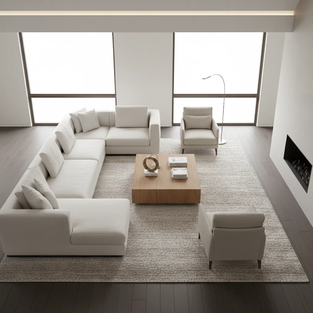 large area rug and coffee table correctly scaled to sofa