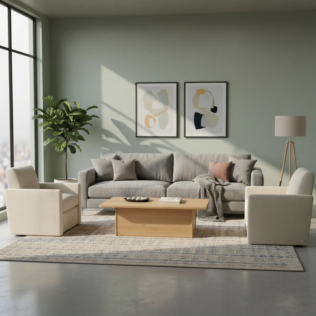 Large living room rug with properly sized coffee table and sofa layout