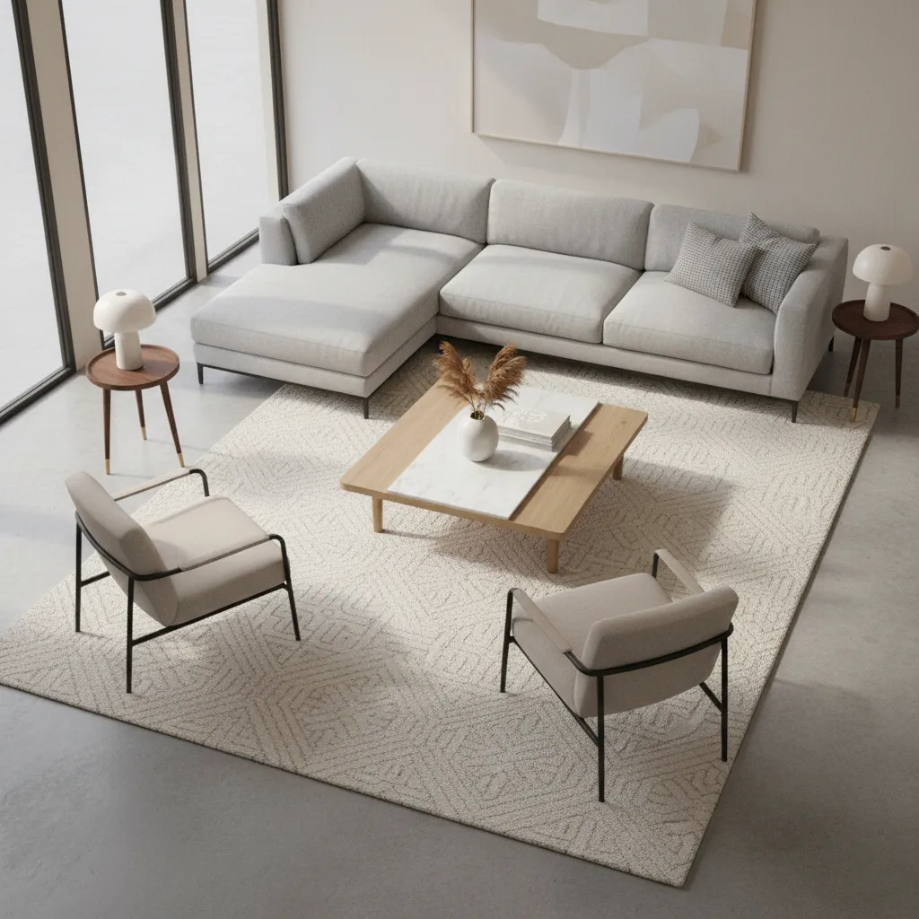 8x10 rug and coffee table proportion in living room seating area