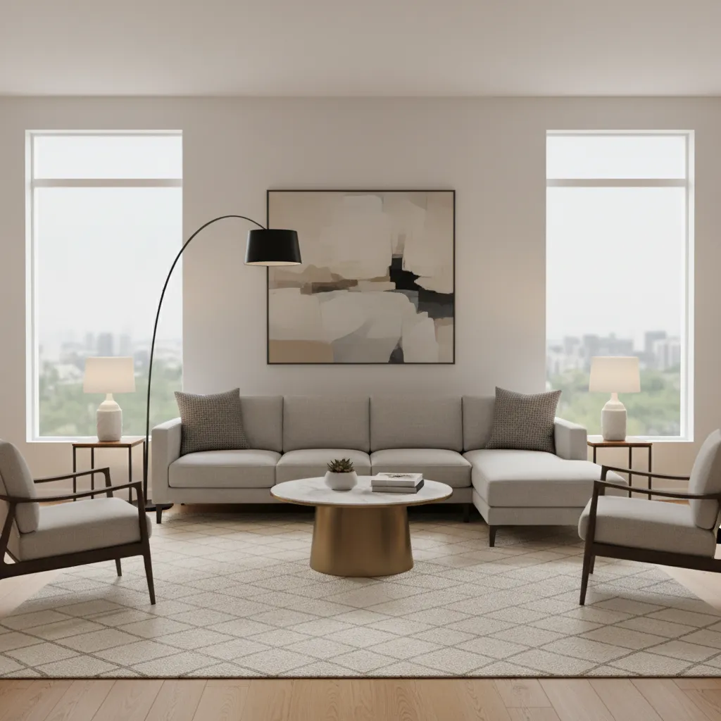 living room furniture arranged on large rug with layered lighting