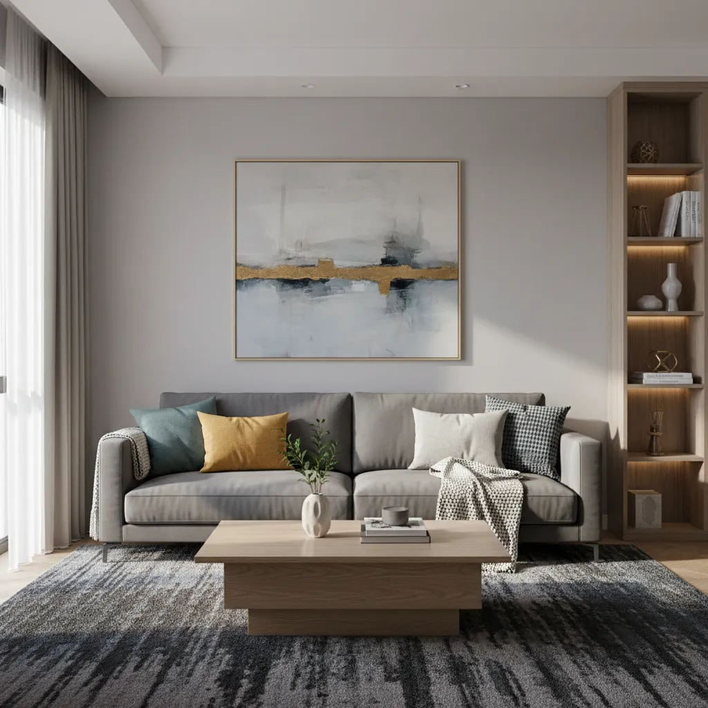 Living room showing coordinated rug color with sofa and decor