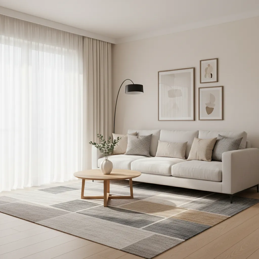 Living room with white sofa and rug connecting wall and furniture colors