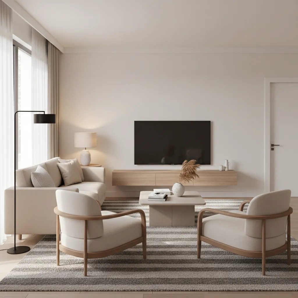 Area rug defining a sofa and chair seating zone in a small living room