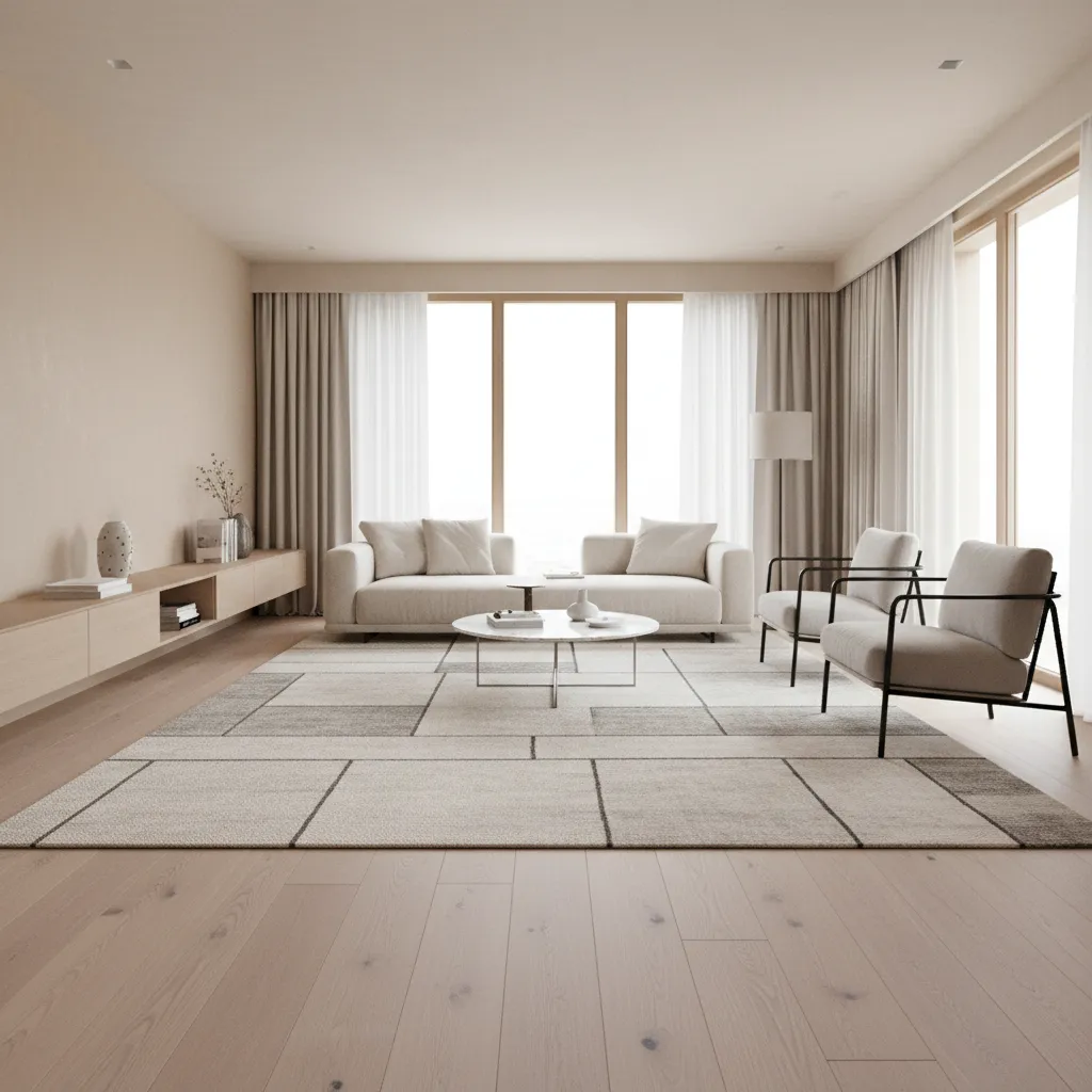 Stylish living room with area rug flat on hardwood floor and furniture anchoring the rug