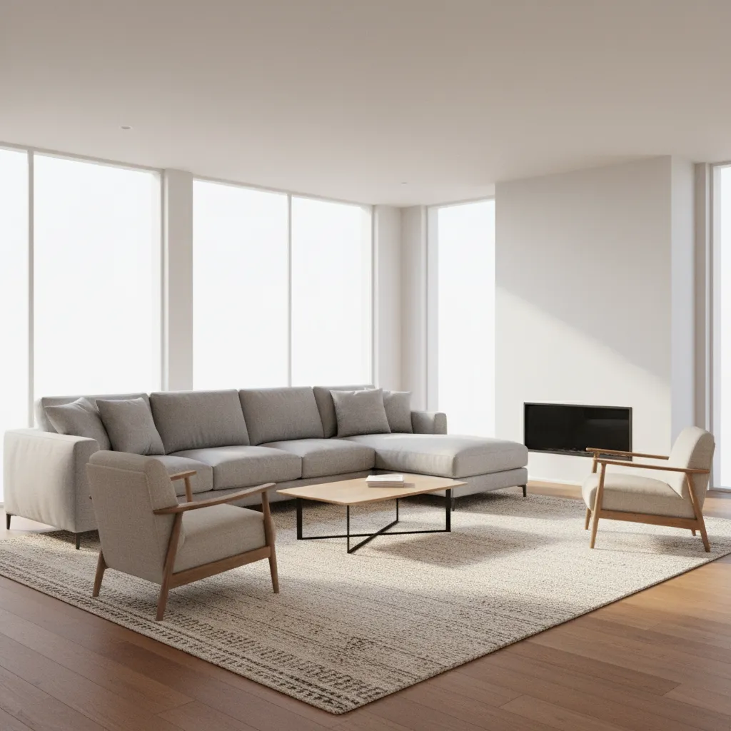 Living room furniture with front legs placed on an area rug