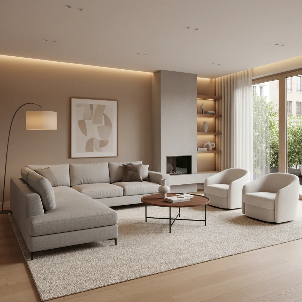 Modern living room with beige sofa two armchairs round coffee table large rug and lighting