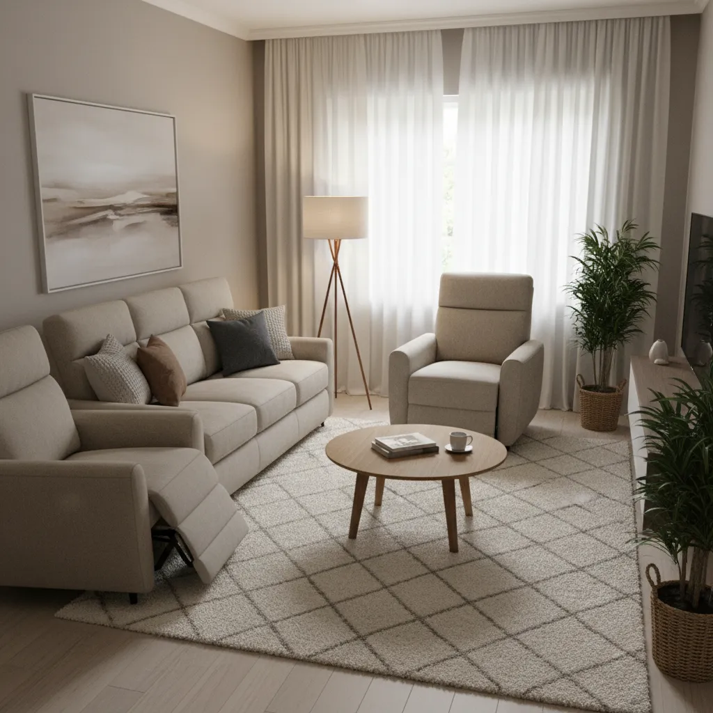 Small living room with rug and lighting defining seating area