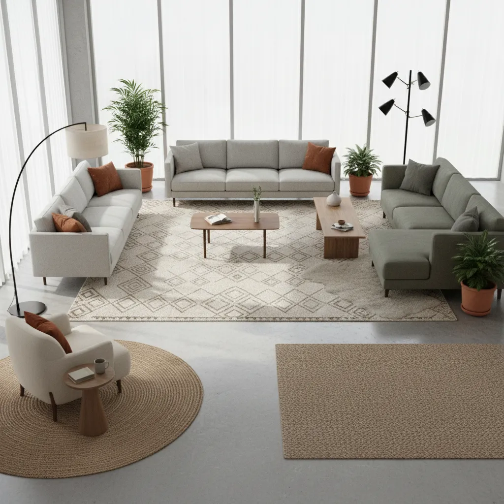 Living room zones separated by rugs and lighting design