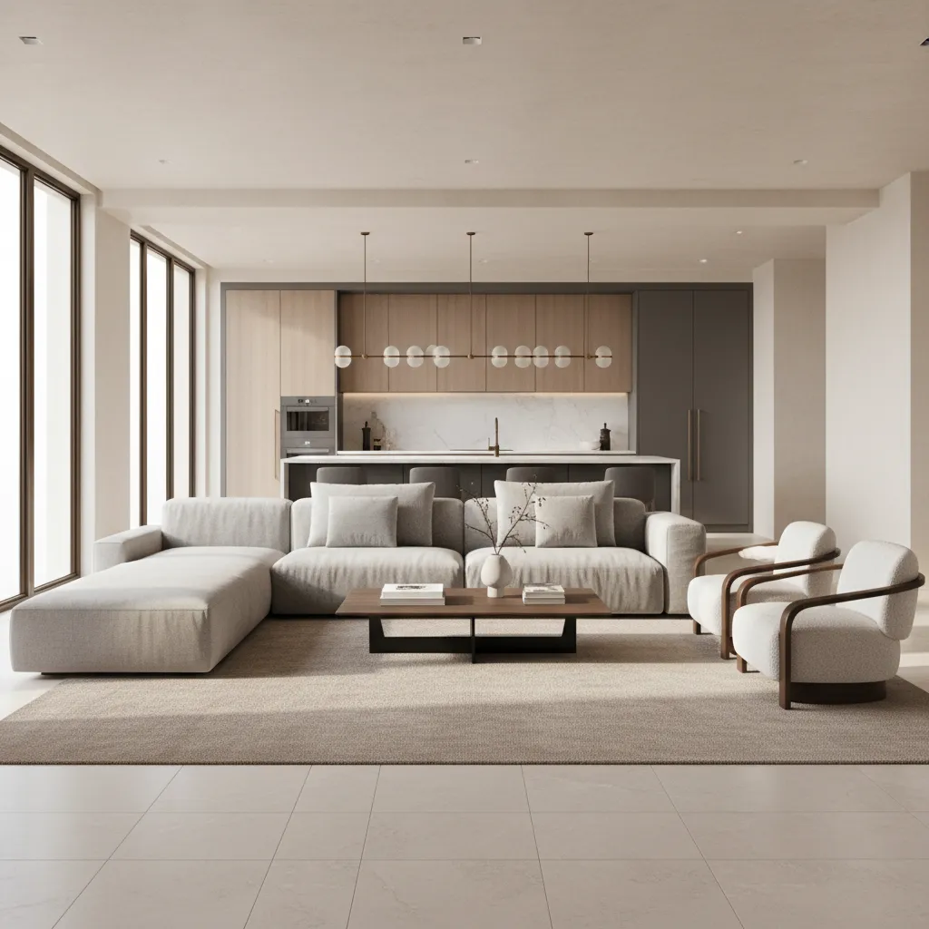 Living room area rug placed over continuous tile flooring