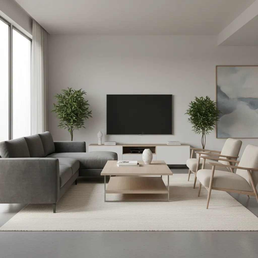 Living room layout showing sofa front legs placed on a 5x8 rug