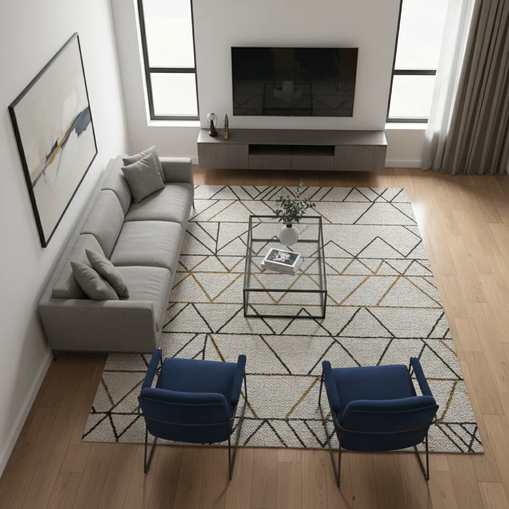 Living room furniture placement with sofa and chairs partially on area rug over hardwood floor