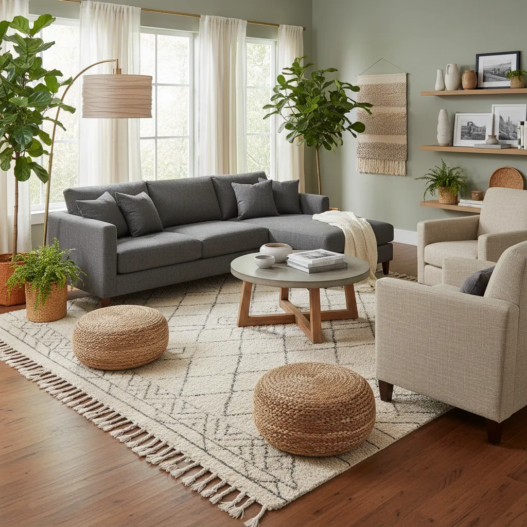 Ejemplo de alfombra grande conectando sofá y sillones