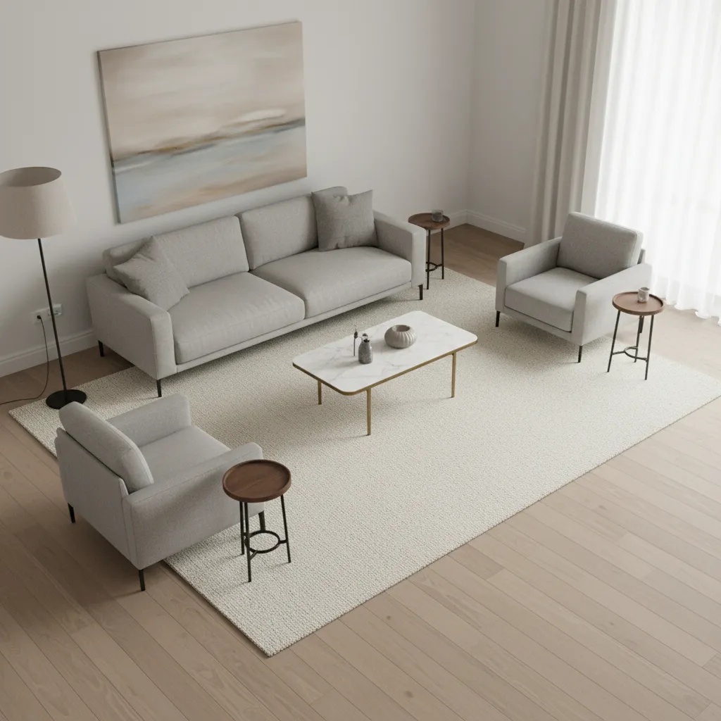 8x10 rug placement under sofa and chairs in square living room