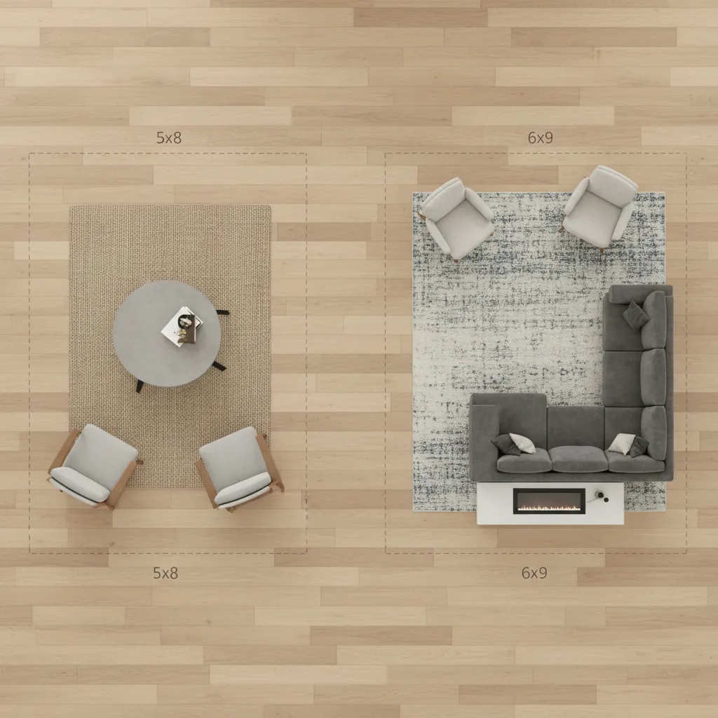 Top view diagram comparing furniture layout with 5x8 rug and 6x9 rug