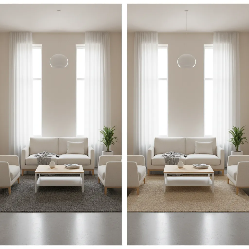 comparison of small rug versus properly sized rug in living room layout