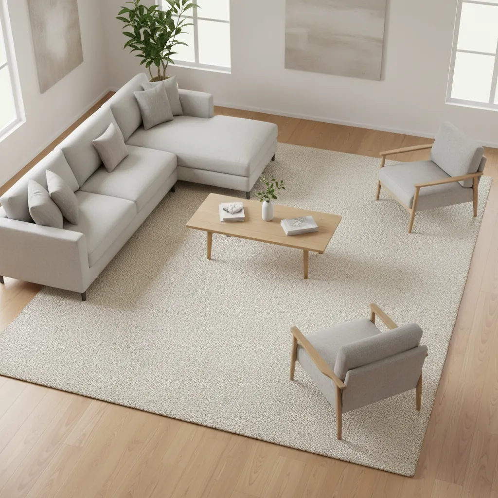 Large living room showing proper rug size anchoring sofa and chairs
