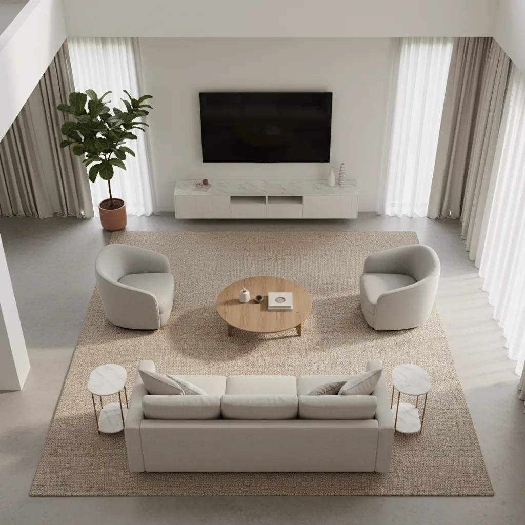 Living room layout showing correct rug size under sofa and chairs
