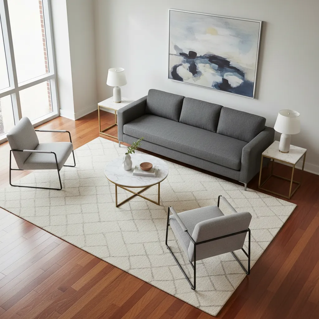Living room layout with grey sofa two armchairs white geometric rug marble round coffee table