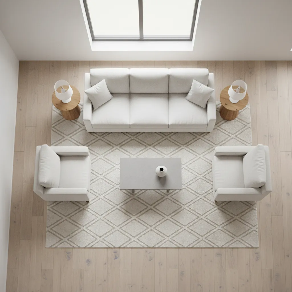 Living room layout showing correct rug size under sofa and chairs