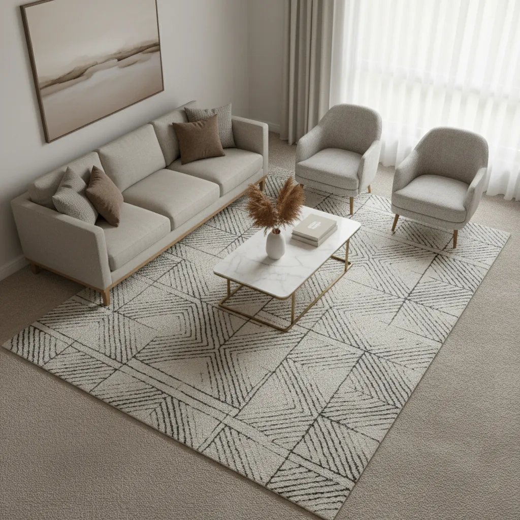 large area rug placed under sofa and chairs on beige carpet