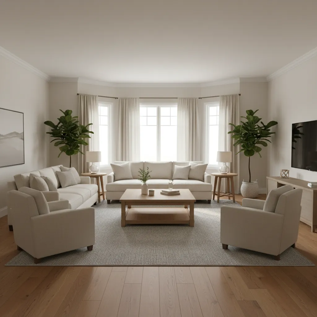 8x10 area rug anchoring sofa and chairs in a medium living room