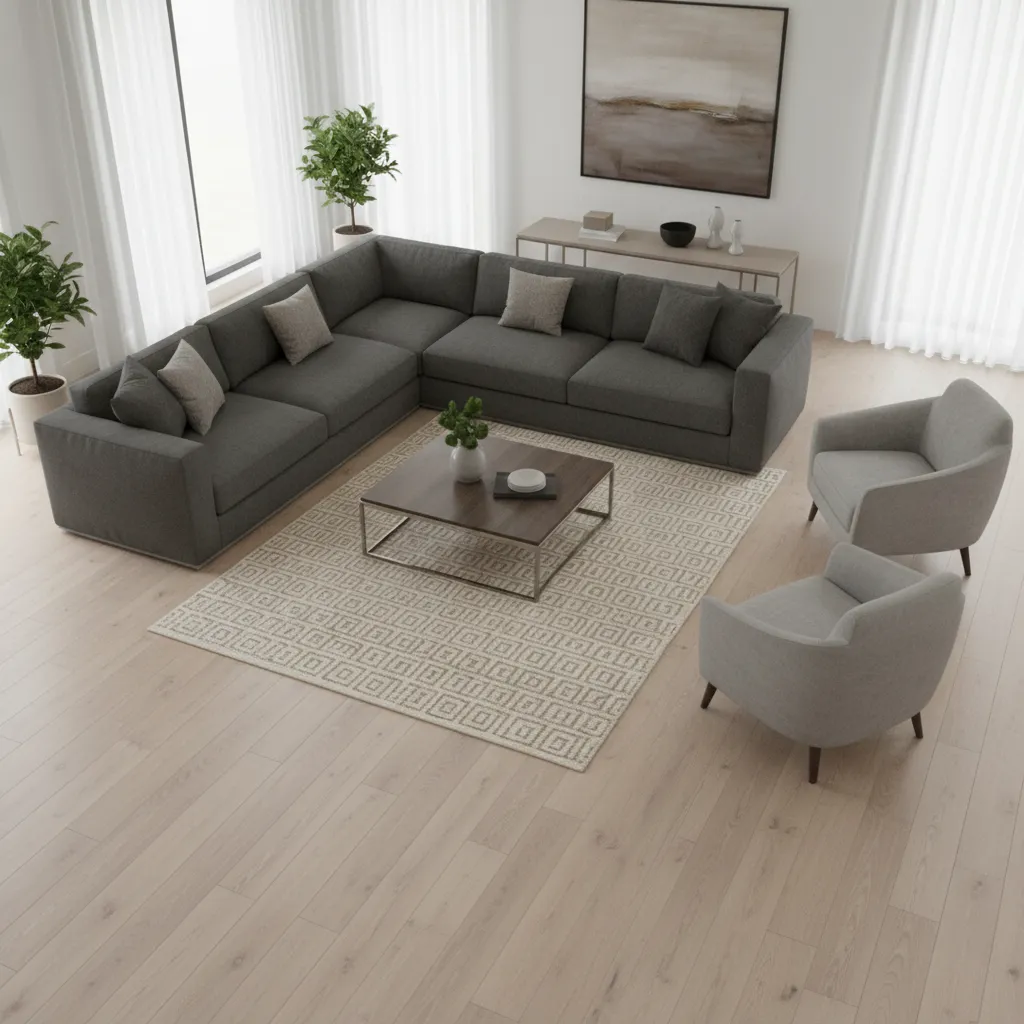 Living room layout with large grey sofa two grey armchairs patterned rug and wood floor